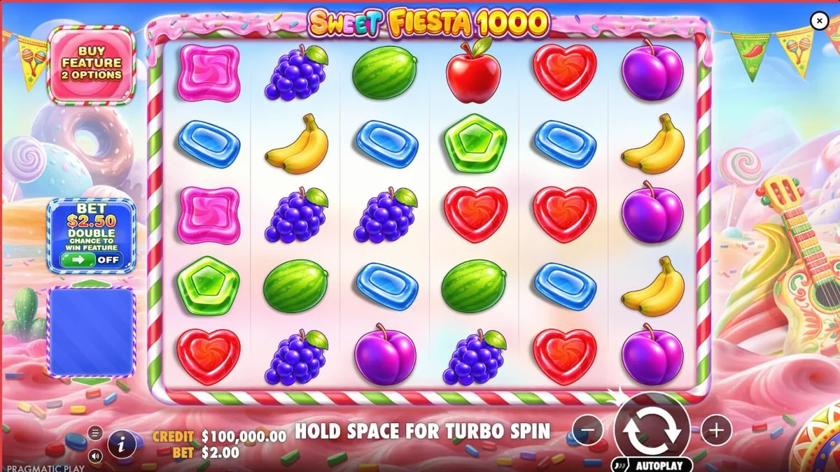 Tampilan visual slot Sweet Fiesta 1000 dengan tema permen dan karnaval